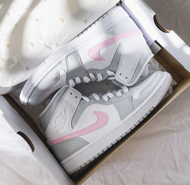 Custom Jordans Grey White Pink Swoosh