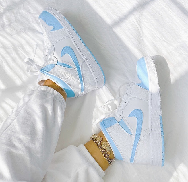Custom Jordans White Baby Blue Swoosh