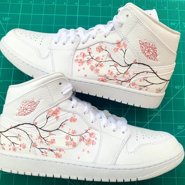 Custom Jordans White Pink Flowers And Brown Branches