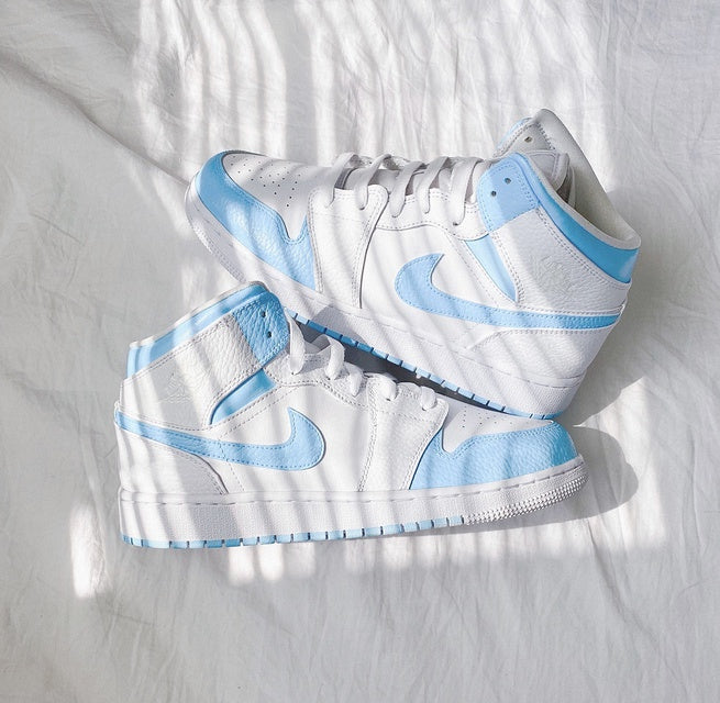 Custom Jordans White Baby Blue Swoosh