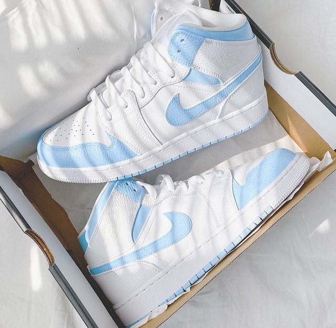 Custom Jordans White Baby Blue Swoosh