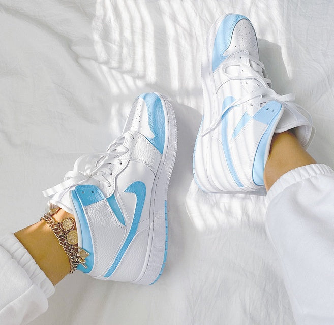 Custom Jordans White Baby Blue Swoosh