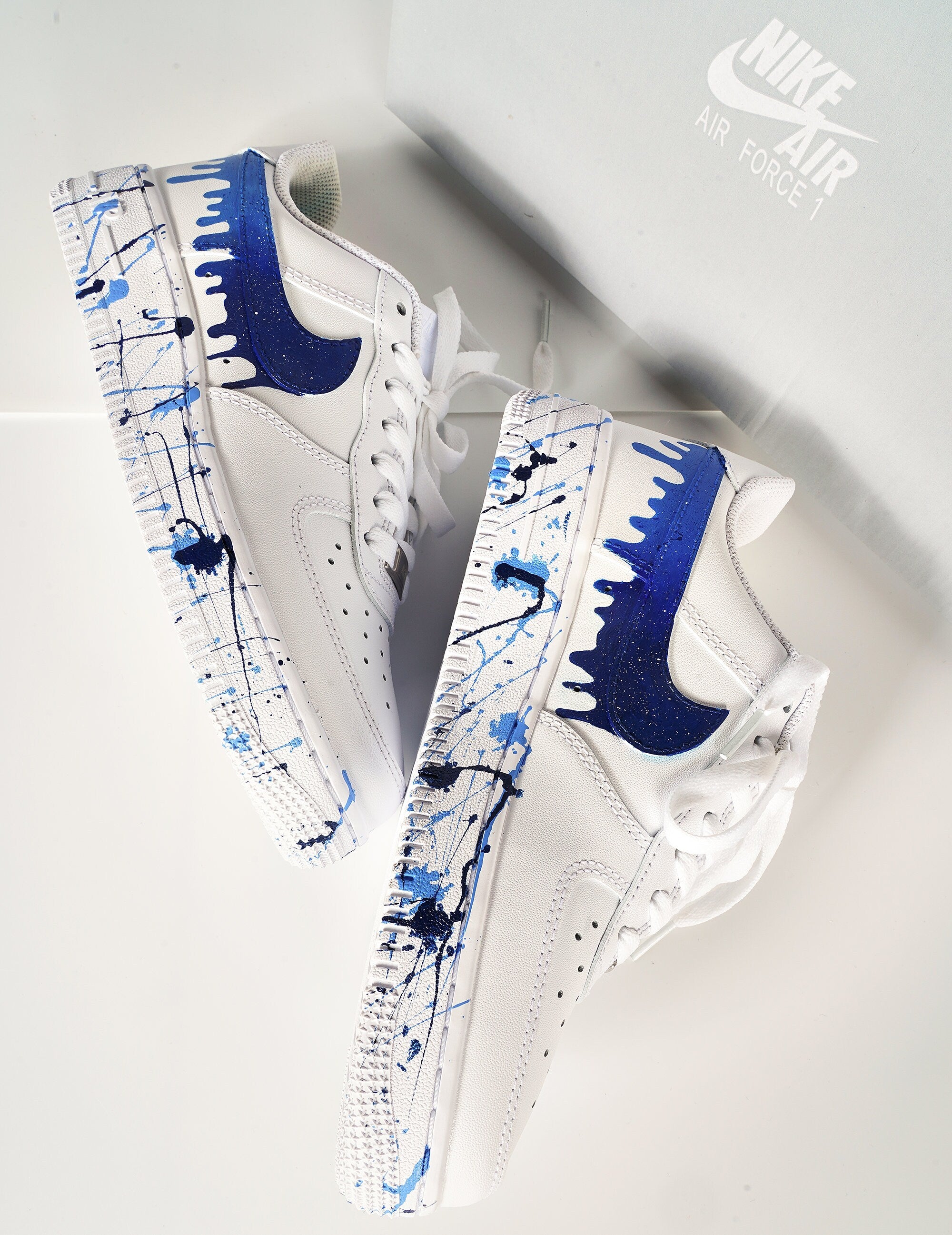 Custom Blue Drip Nike Air Force 1 Sneakers Splatter
