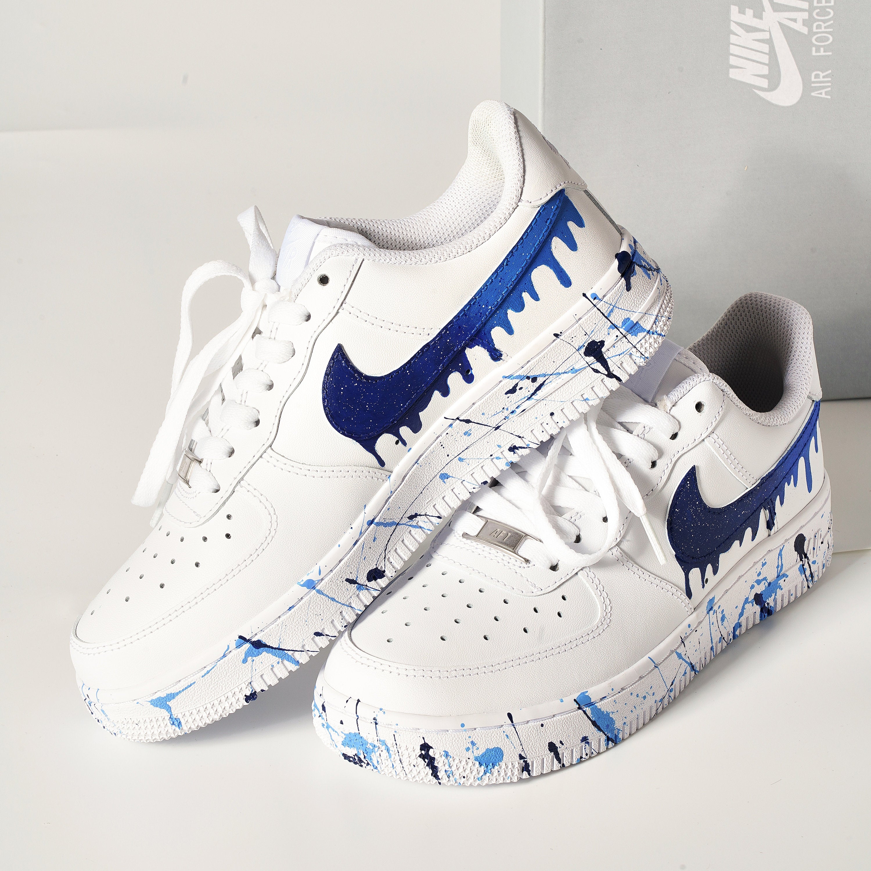 Custom Blue Drip Nike Air Force 1 Sneakers Splatter