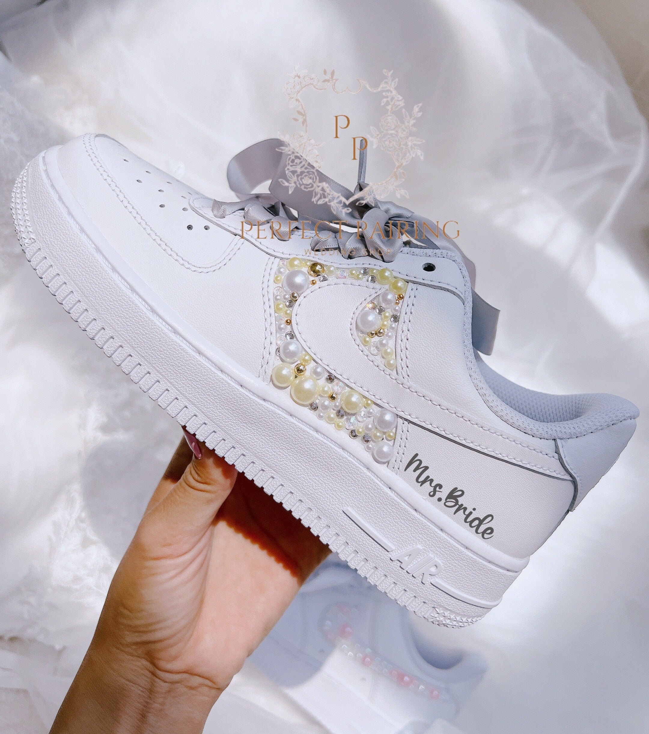 Wedding Shoes Custom Nike Air Force 1 Pearls and Diamonds