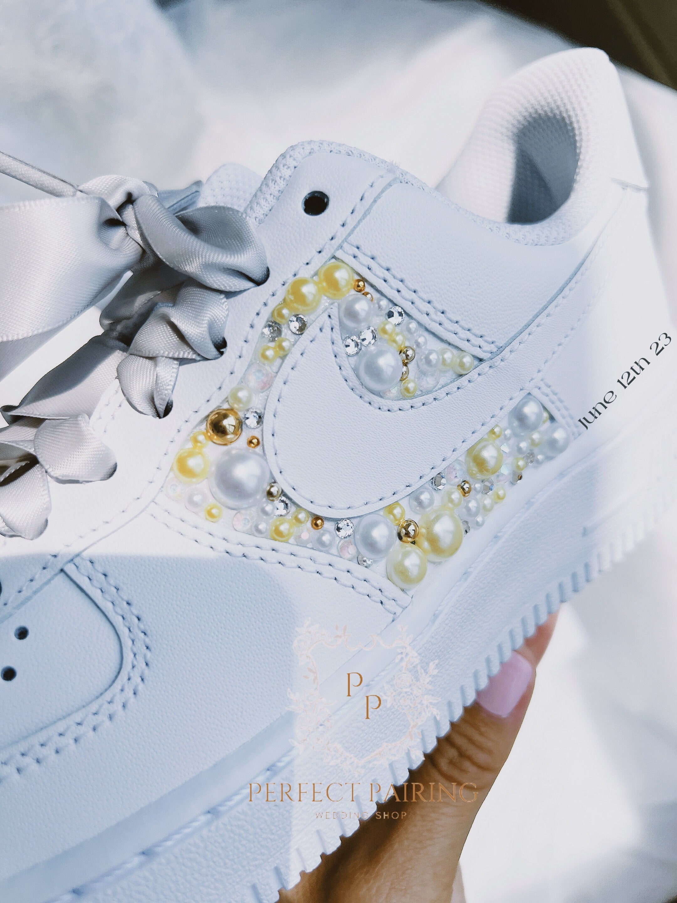 Wedding Shoes Custom Nike Air Force 1 Pearls and Diamonds