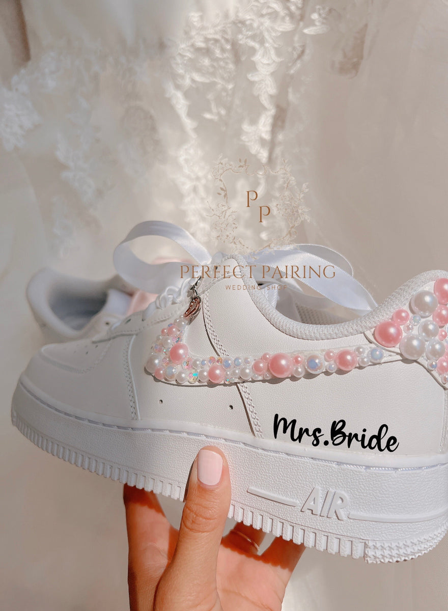 Wedding Shoes Custom Air Force 1 White And Pink Pearls – Unite Custom