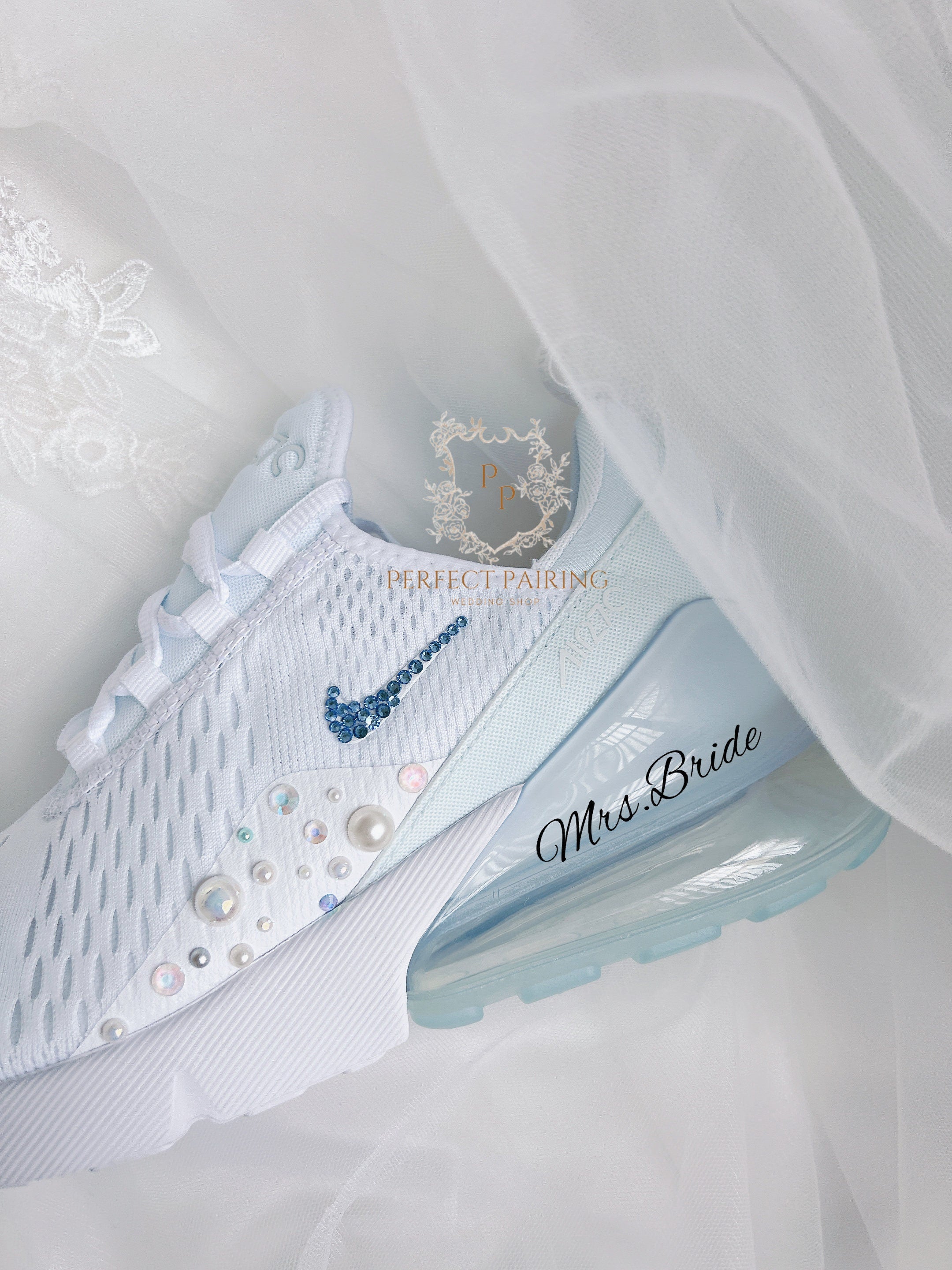 Wedding Shoes Custom Nike Air Max 270 Blue Rhinestones And Pearls