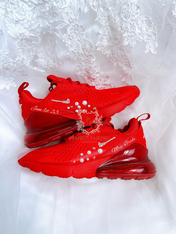 Red Wedding Shoes Custom Nike Air Max 270 Rhinestones And Pearls