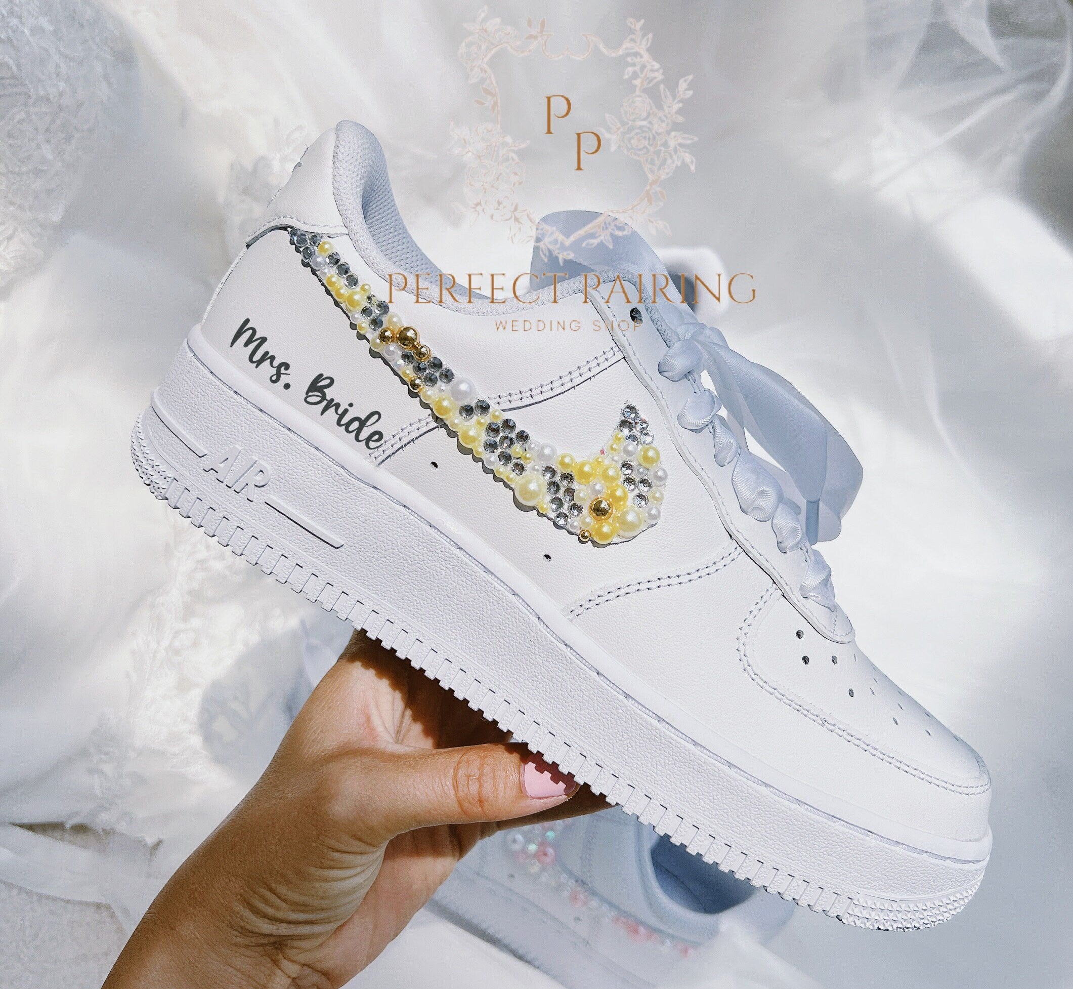 Wedding Custom Sneaker Personalized Air Force 1 Pearls Rhinestones