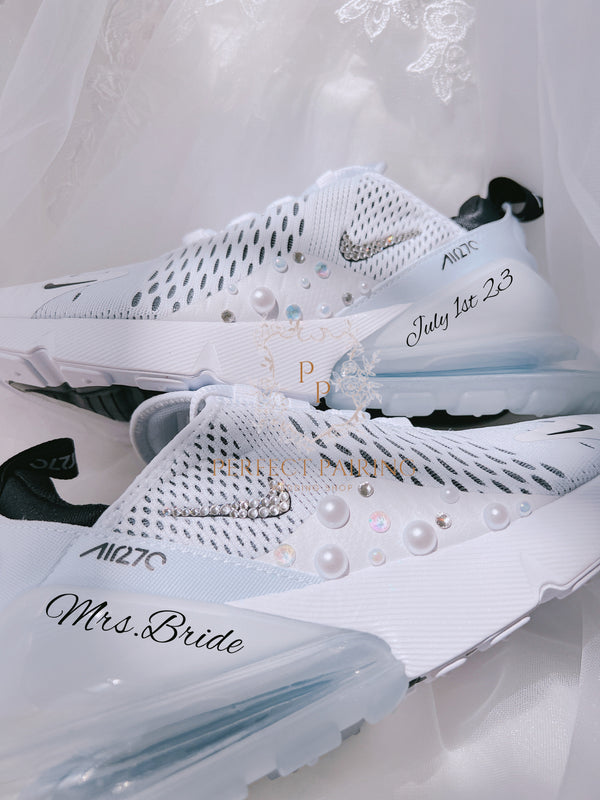 Customized Wedding Sneakers Personalized Bridal Nike Air Max 270 Pearls And Rhinestones