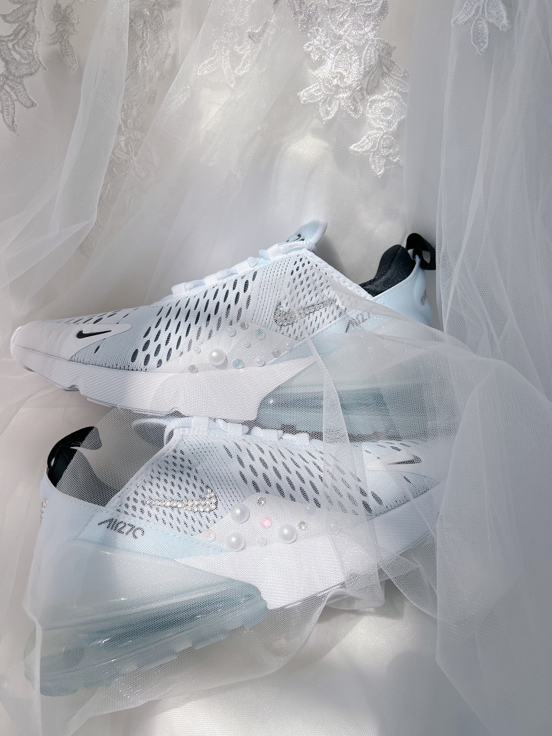 Customized Wedding Sneakers Personalized Bridal Nike Air Max 270 Pearls And Rhinestones