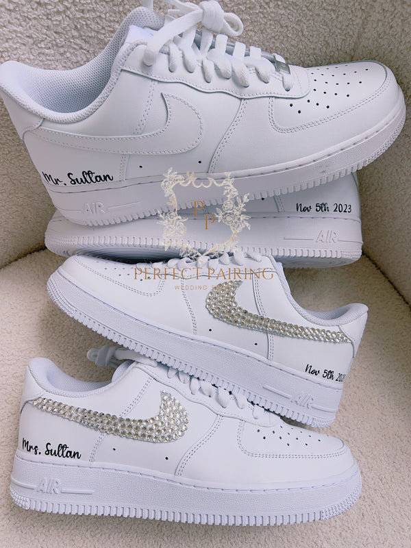 Wedding Sneakers For Mrs And Mr Wedding Pair Sneakers Nike Air Force 1  Custom Shoes For Bride And Groom Rhinestones