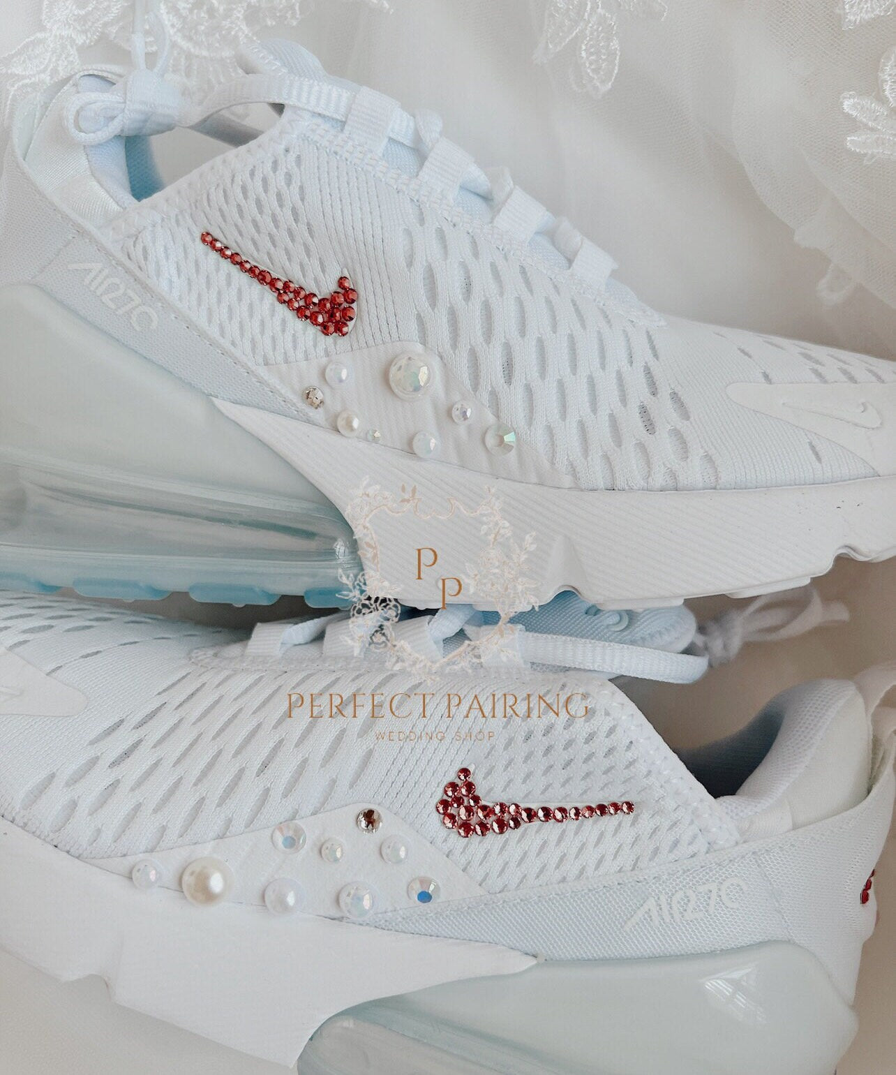 Wedding Shoes Custom Nike Air Max 270 Pearls and Diamonds