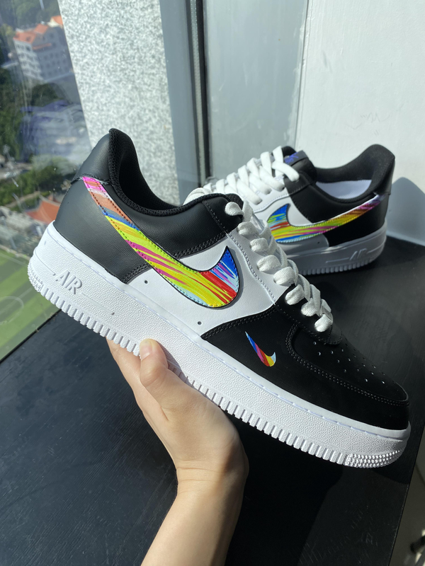 Custom Air Force 1 Black and White With Colorful Striped Pattern 