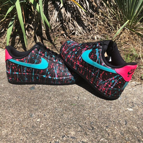 Custom Air Force 1 Black Pink Teal Splatter Design