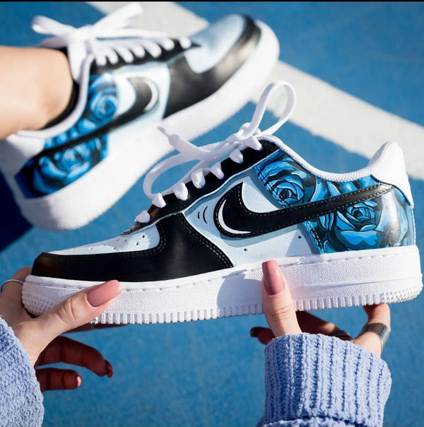 Custom Air Force 1 Black White With Blue Roses