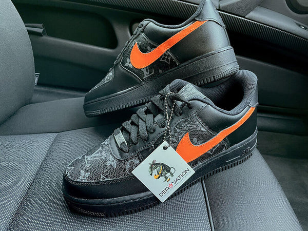 Custom Air Force 1 Black With LV Pattern And Orange Swoosh