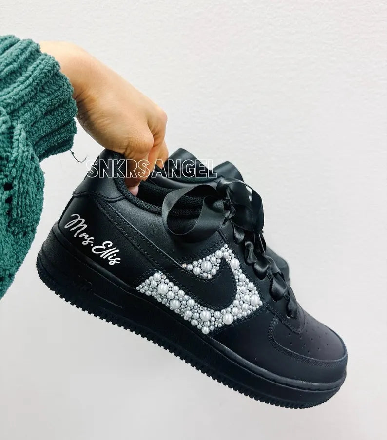 Custom Air Force 1 Black With Pearl Embellishment And Name Script ...