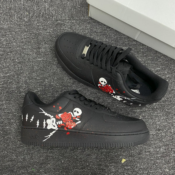 Custom Air Force 1 Black With Skull And Rose Pattern 