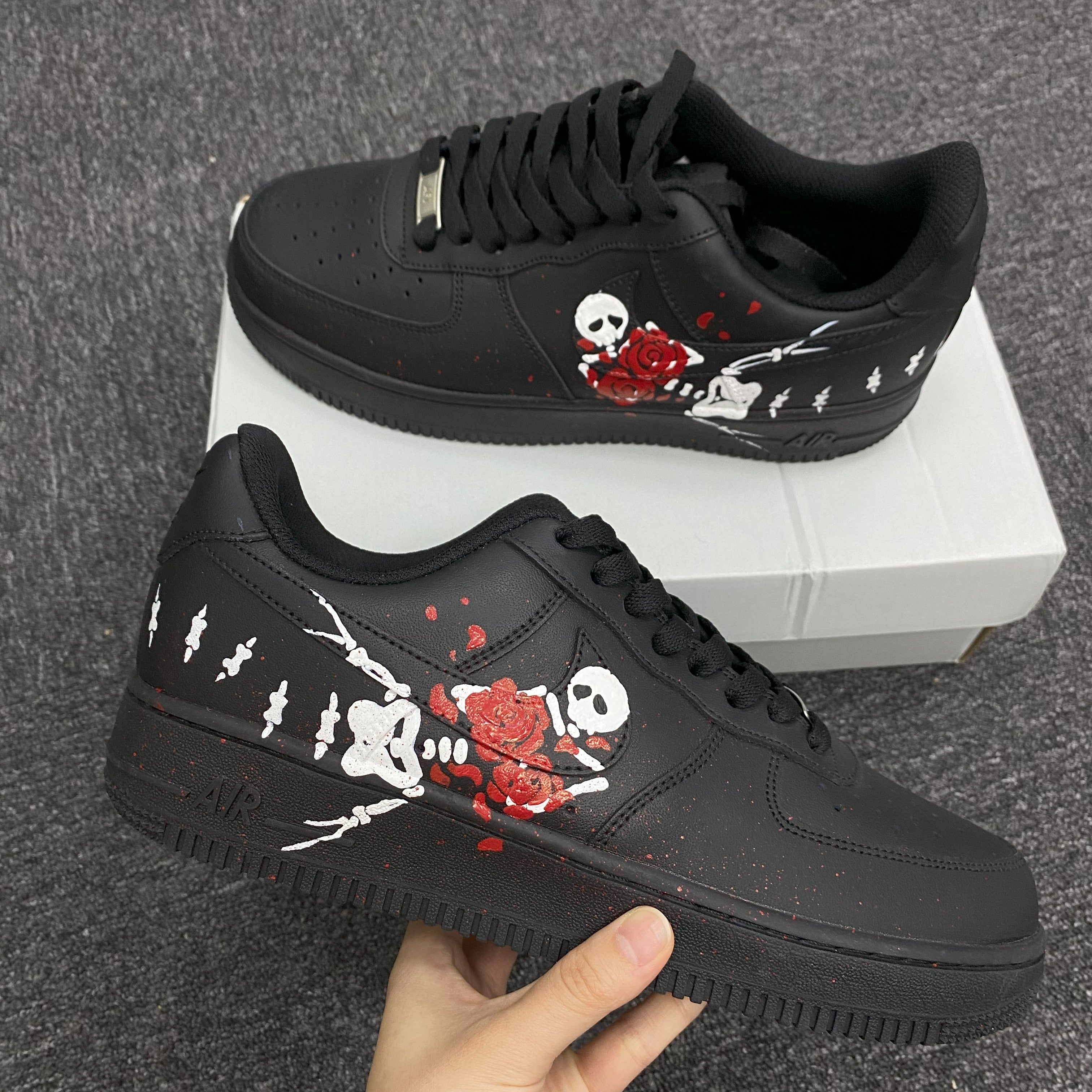 Custom Air Force 1 Black With Skull And Rose Pattern 