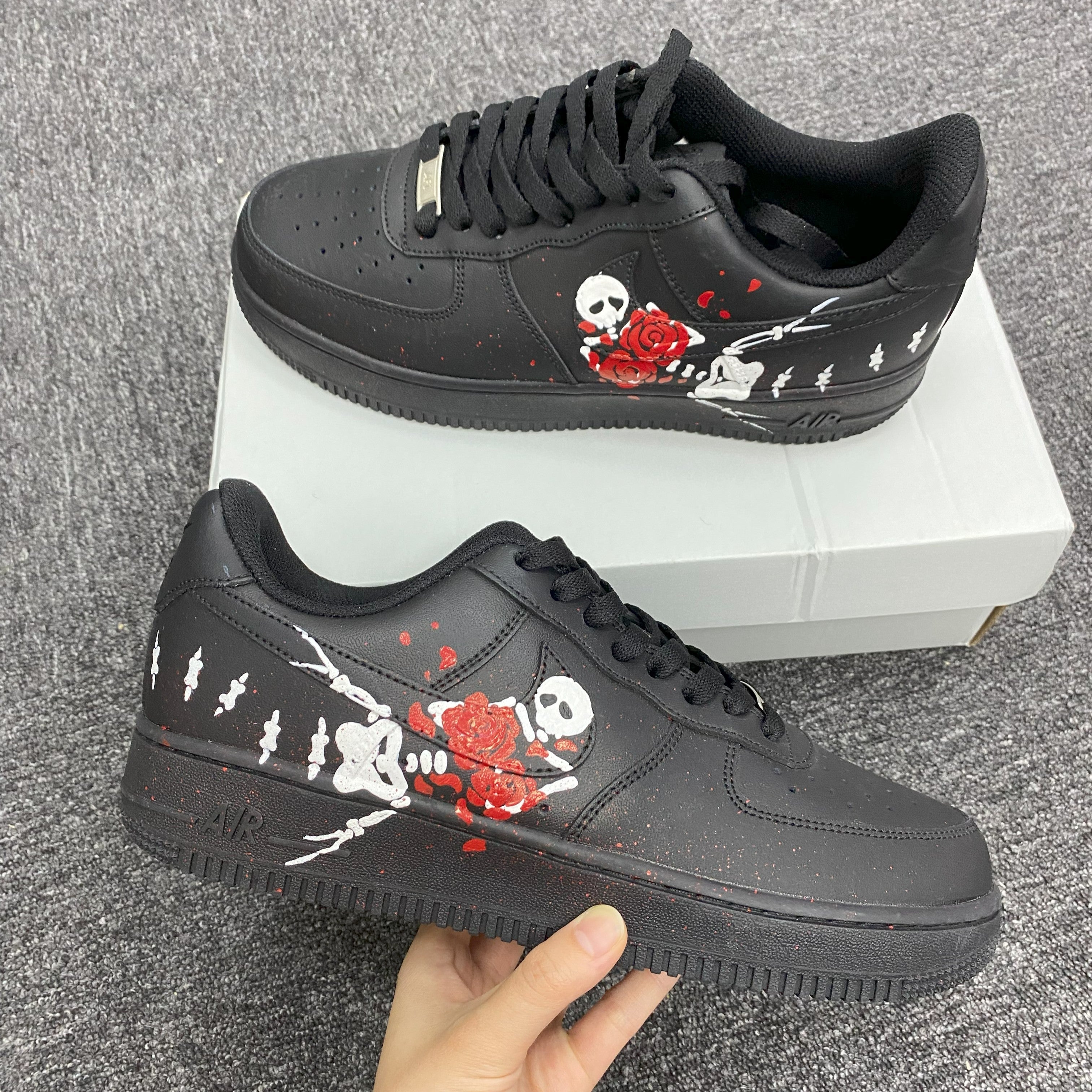 Custom Air Force 1 Black With Skull And Rose Pattern 