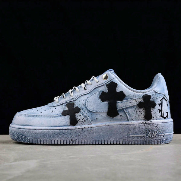 Custom Air Force 1 Blue With Black Crosses And Splatter Design