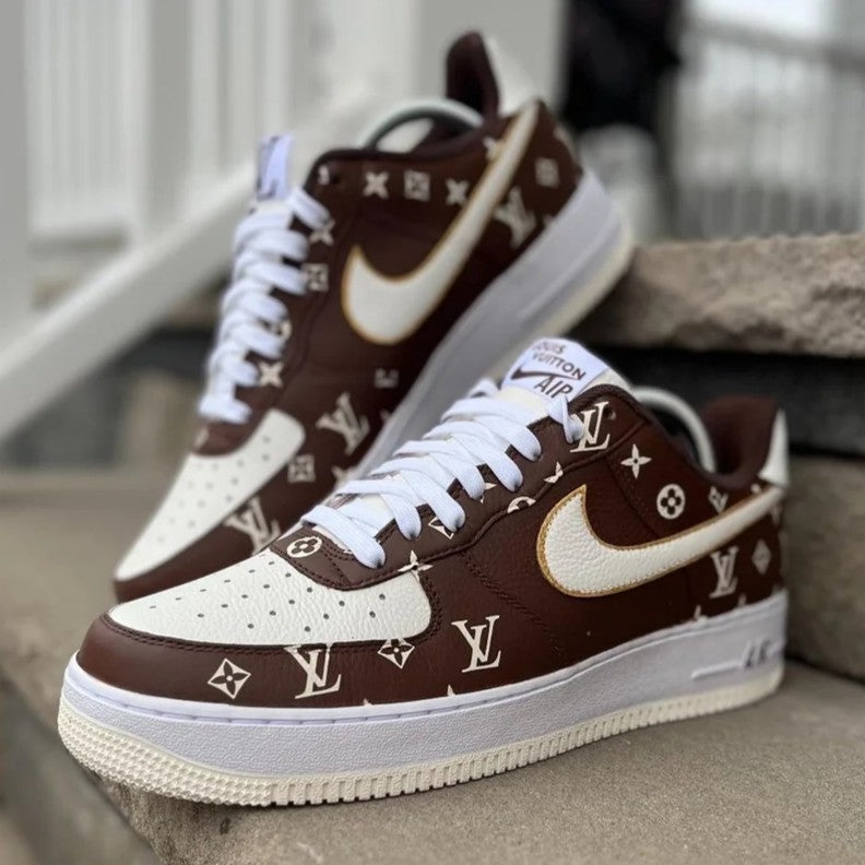Custom Air Force 1 Brown And White With LV Patterns 