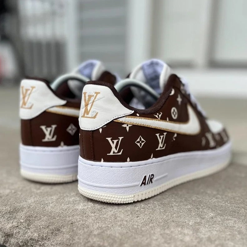 Custom Air Force 1 Brown And White With LV Patterns 