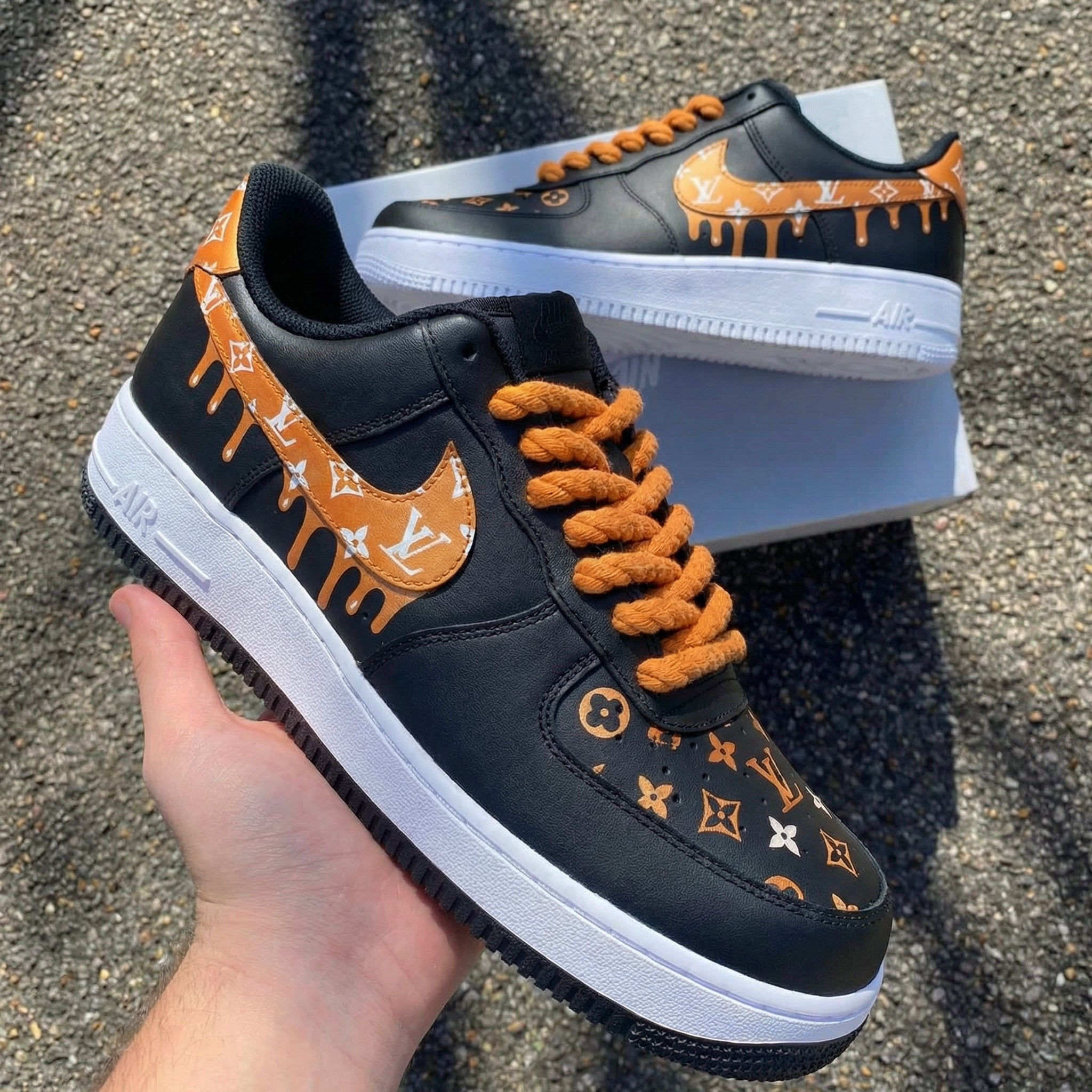 Custom Af1 Drip Custom Air Force 1 Drip LV Pattern Black Orange – Unite Custom