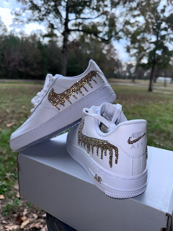 Custom Air Force 1 Gold Rhinestones Drip Swoosh