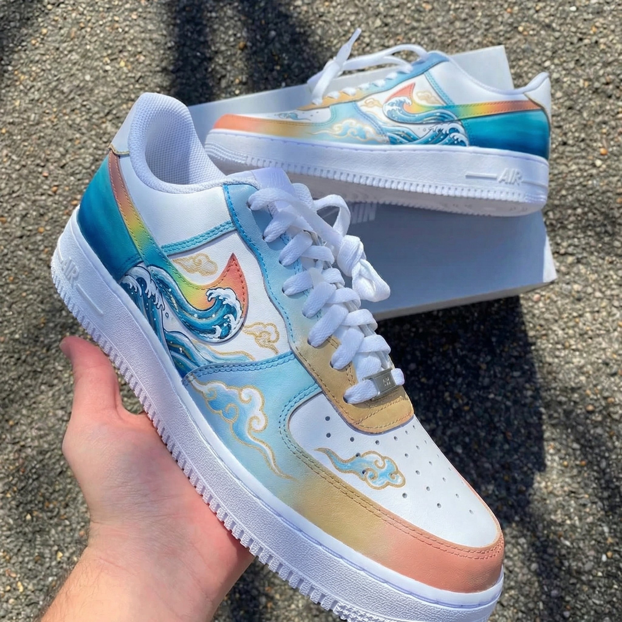 Custom Air Force 1 Wave And Cloud Design Blue And Tan – Unite Custom