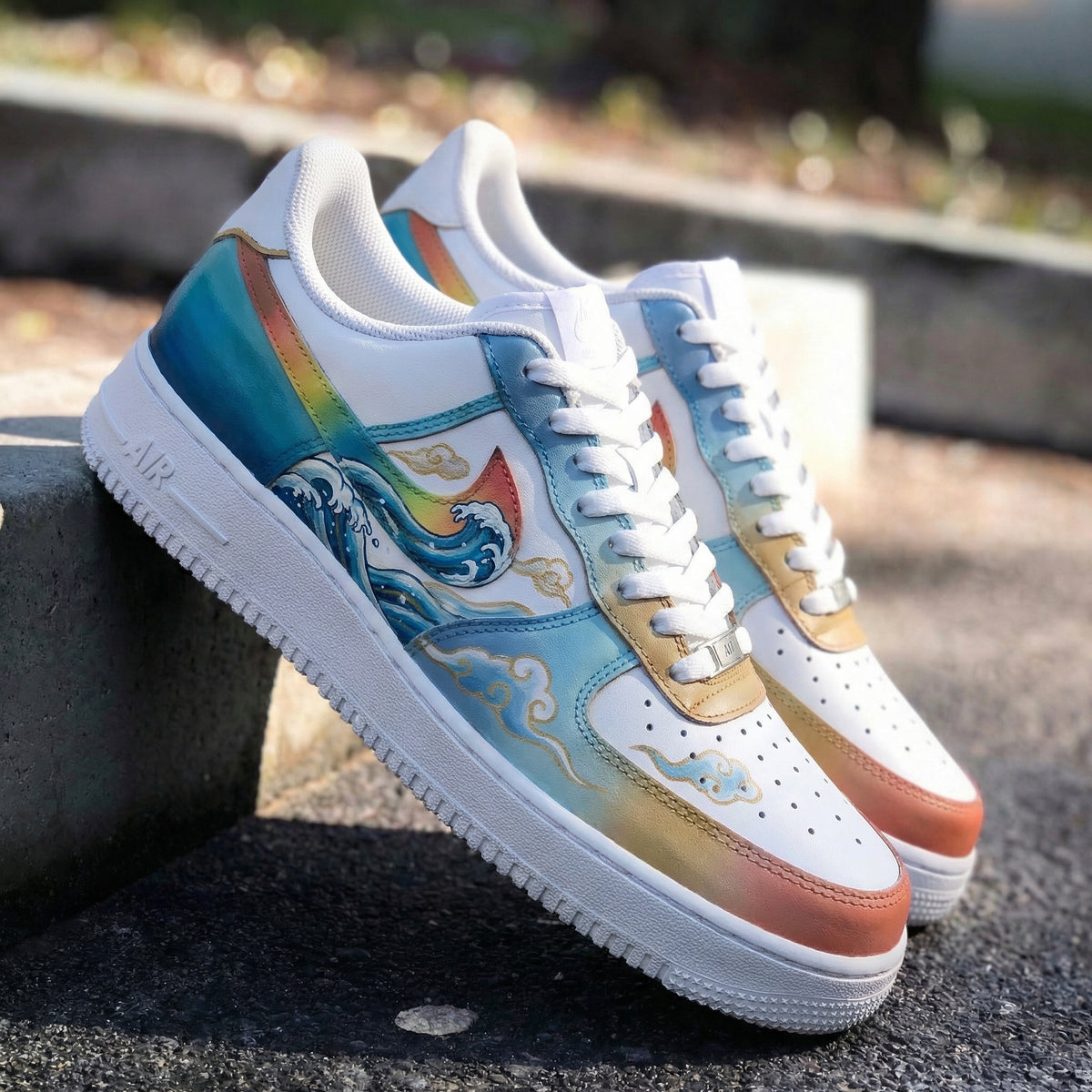 Custom Air Force 1 Wave And Cloud Design Blue And Tan – Unite Custom