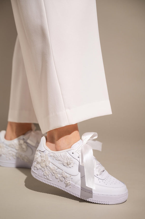Custom Air Force 1 Wedding White With Floral Embroidery And Pearls