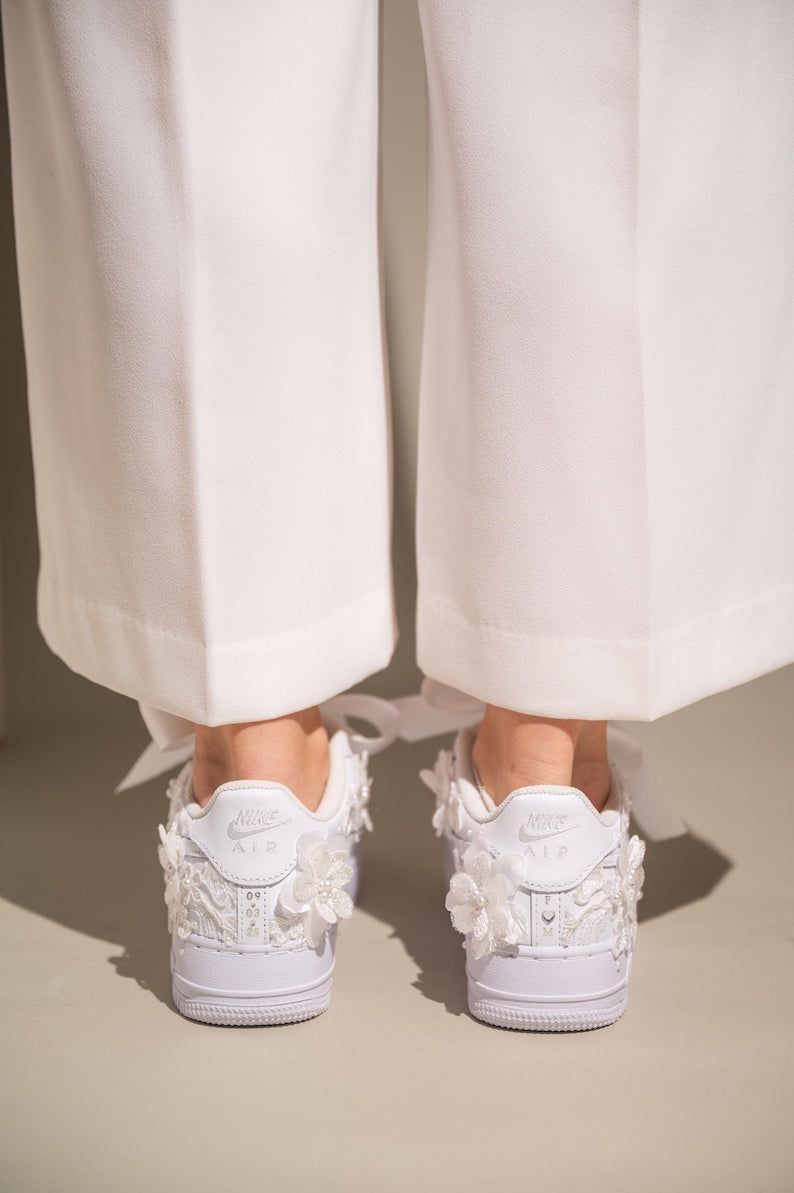 Custom Air Force 1 Wedding White With Floral Embroidery And Pearls
