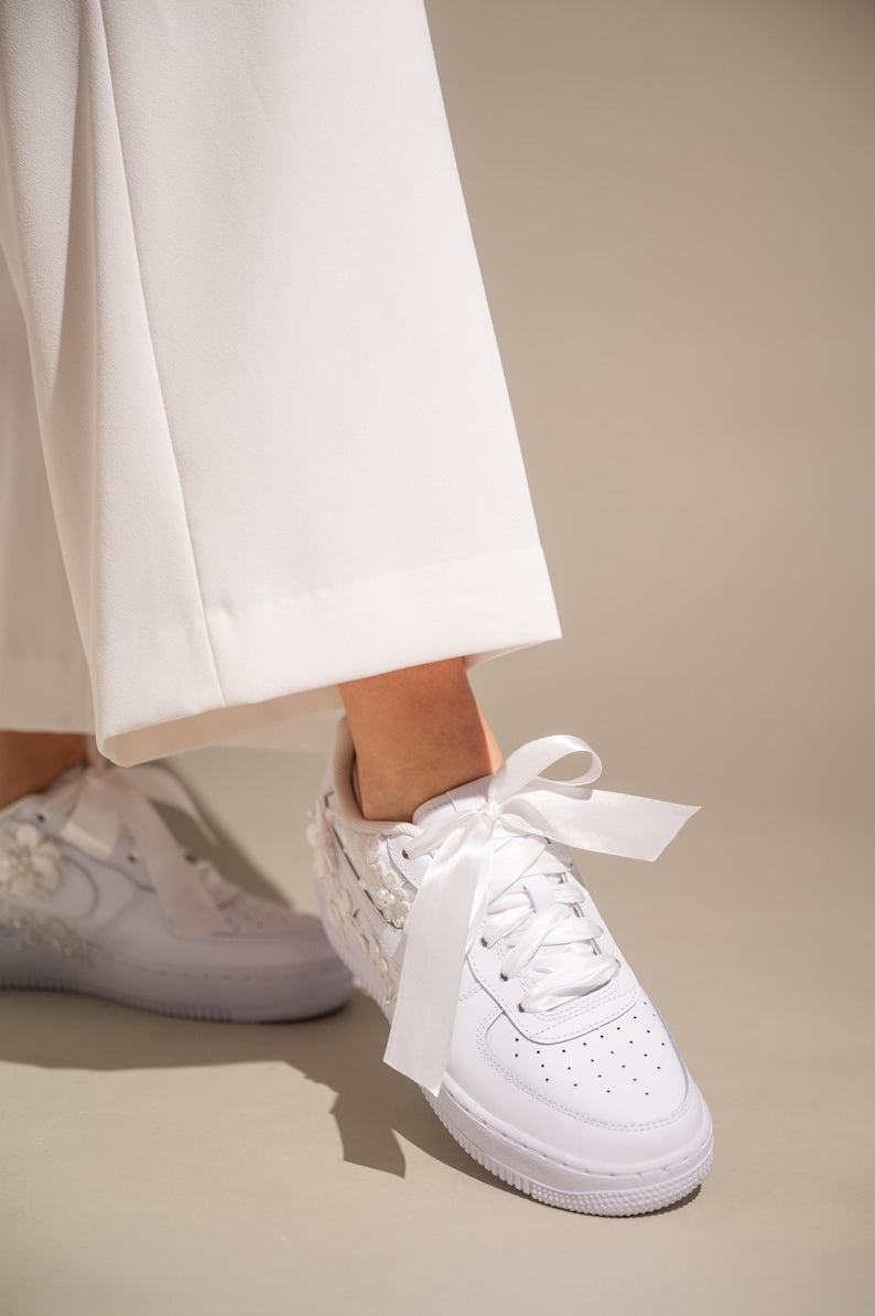 Custom Air Force 1 Wedding White With Floral Embroidery And Pearls