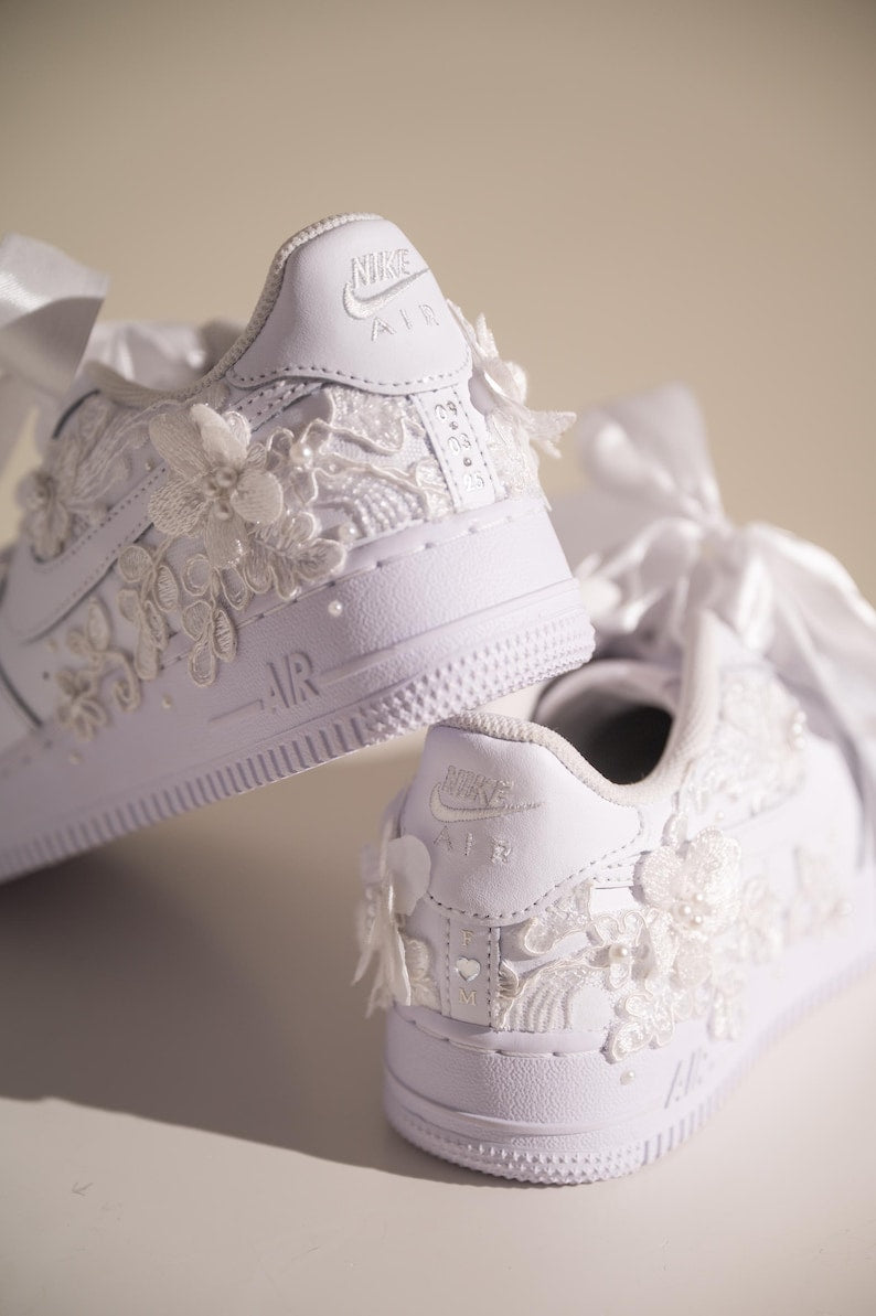Custom Air Force 1 Wedding White With Floral Embroidery And Pearls