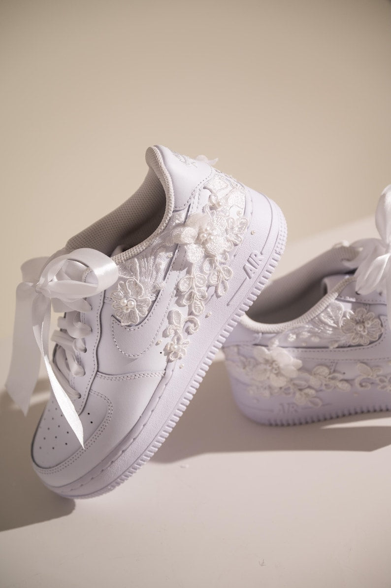 Custom Air Force 1 Wedding White With Floral Embroidery And Pearls