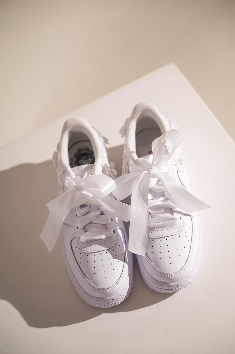 Custom Air Force 1 Wedding White With Floral Embroidery And Pearls