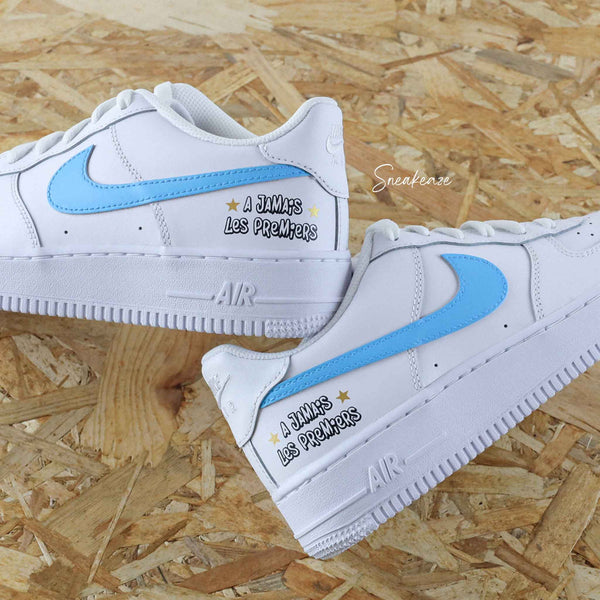 Custom Air Force 1 White Baby Blue Swoosh And Text Design