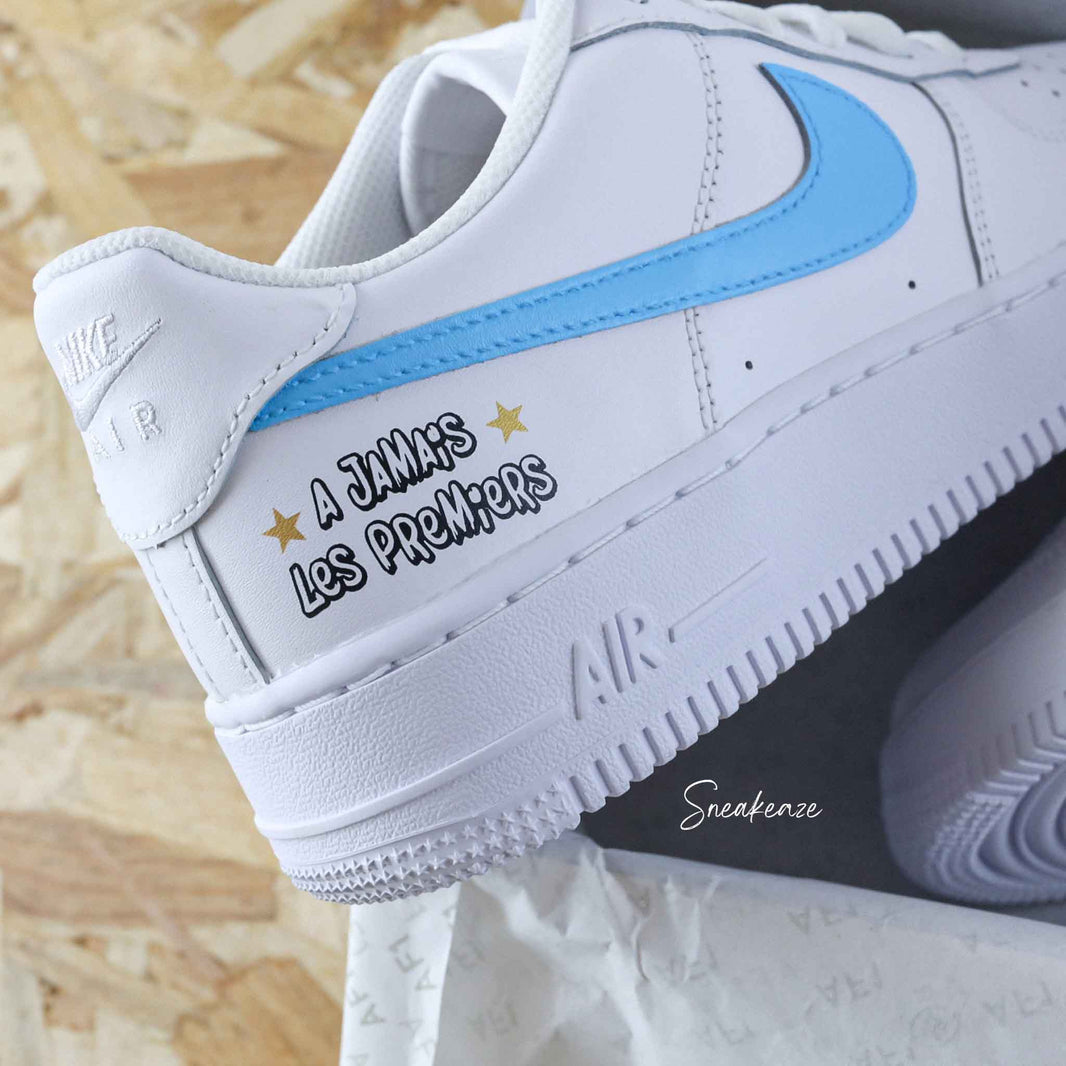 Custom Air Force 1 White Baby Blue Swoosh And Text Design