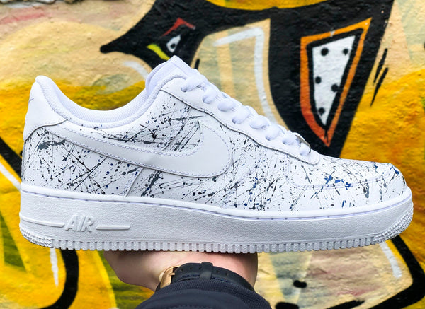 Custom Air Force 1 White Black Blue Splatter Pattern