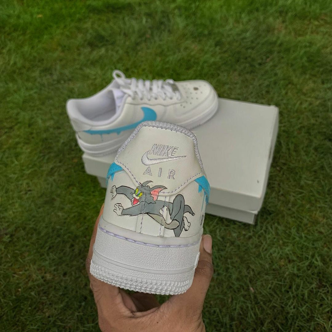 Custom Air Force 1 White Blue Drip Tom And Jerry Design