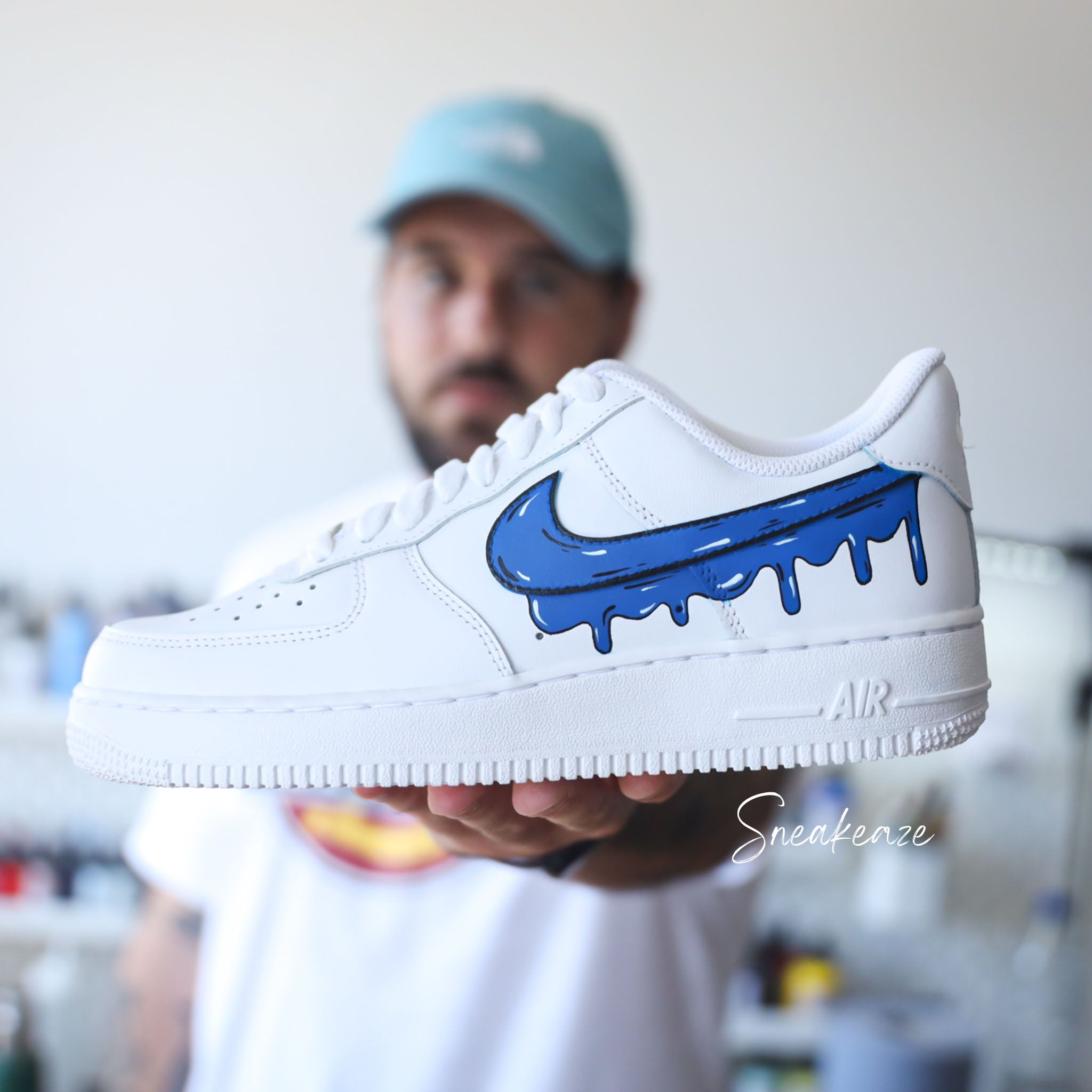 Custom Air Force 1 White Blue Dripping Swoosh Design