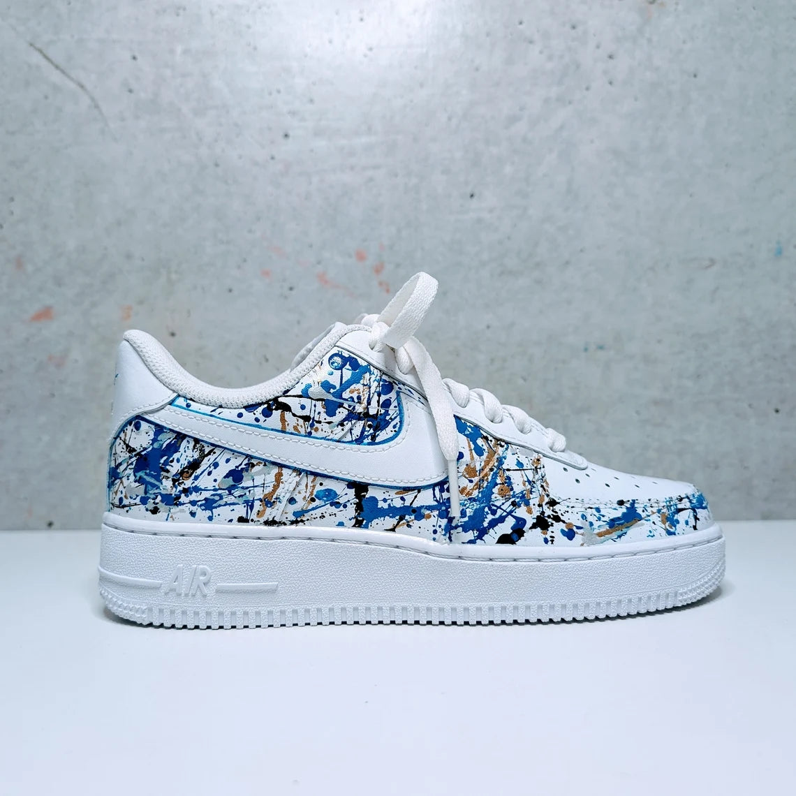 Custom Air Force 1 White Blue Gold Splatter Pattern