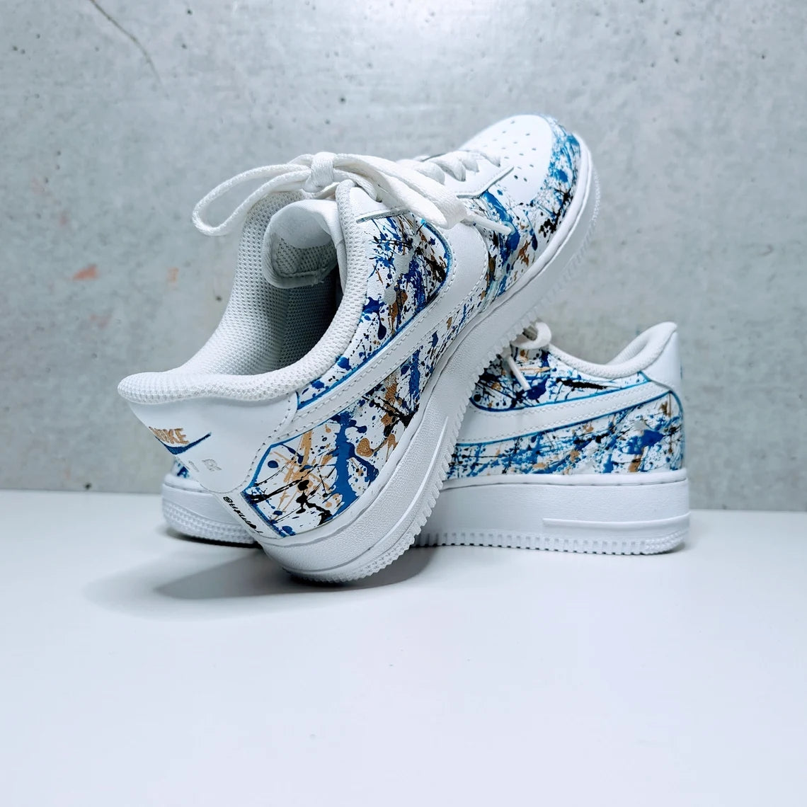 Custom Air Force 1 White Blue Gold Splatter Pattern