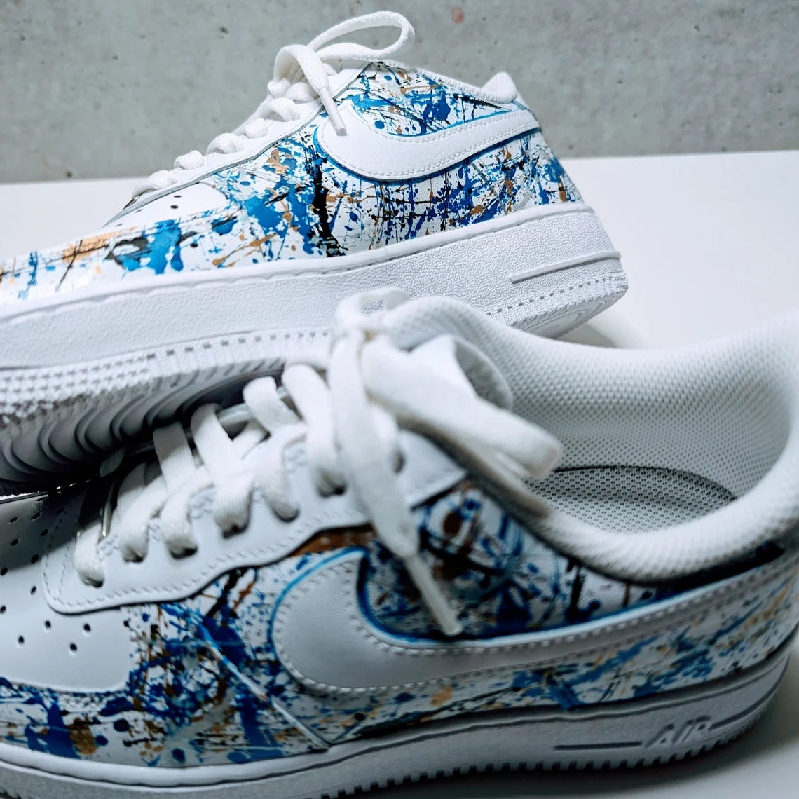 Custom Air Force 1 White Blue Gold Splatter Pattern