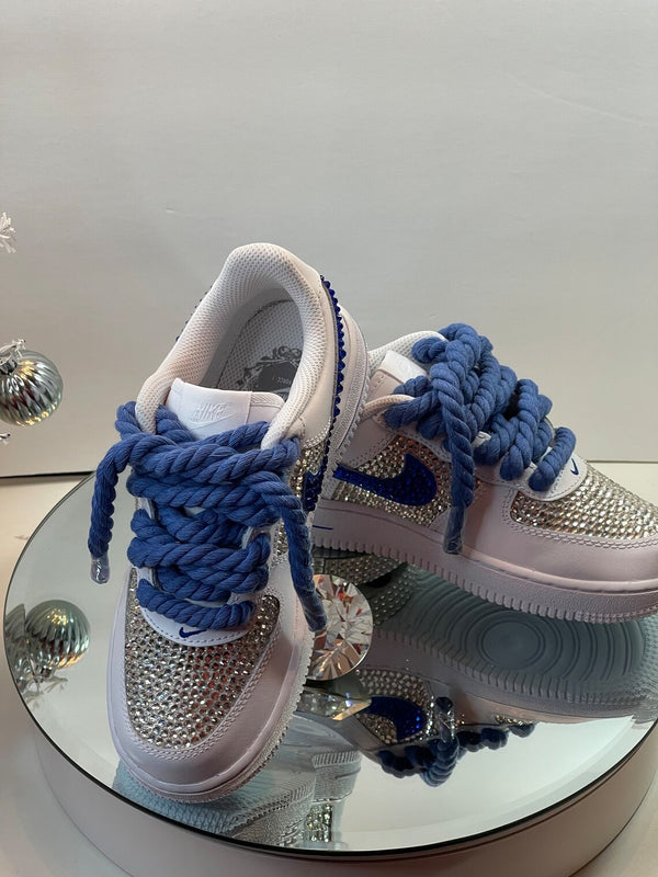 Custom Air Force 1 White Blue With Rhinestones And Thick Blue Laces