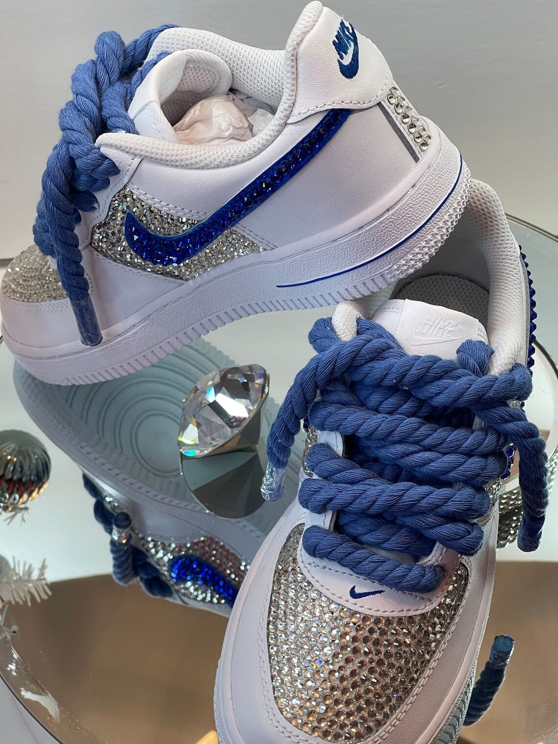 Custom Air Force 1 White Blue With Rhinestones And Thick Blue Laces