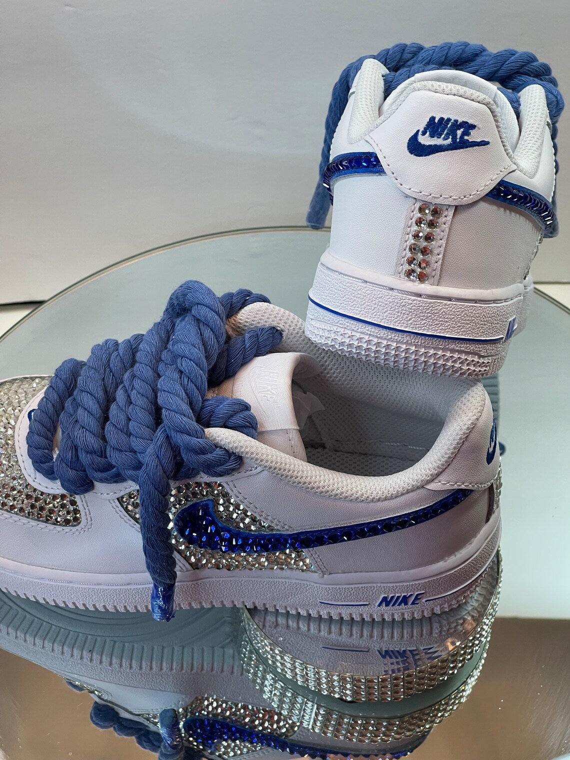 Custom Air Force 1 White Blue With Rhinestones And Thick Blue Laces